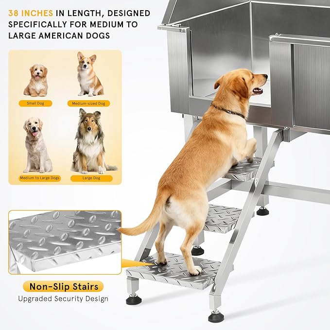 Dog Grooming Tub 38inch Stainless Steel Dog Bathing Station with Non-Slip Steps Faucet for Small to Large Pet up to 220lbs – Pet Wash Tub for Home Grooming Use