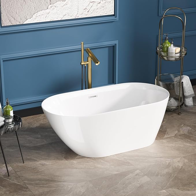 Sarlai 59 Inch Acrylic Freestanding Soaking Bathtub Contemporary Soaking White Tub Stand Alone Ergonomic Bathtub with Chrome Drain and Overflow