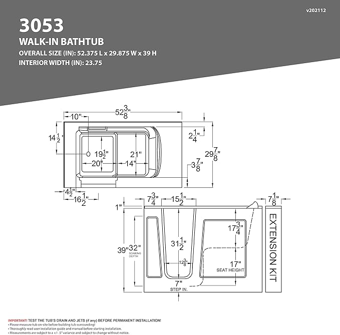 ANZZI Walk-In Bathtub 30" x 53" Whirlpool Acrylic Left Drain Quick Fill Fast Drain 9 Hydro Jets Chromatherapy Heater ADA Compliant Slip-Resistant Seat Grab Bar Extension Kit | AMZ3053RWH