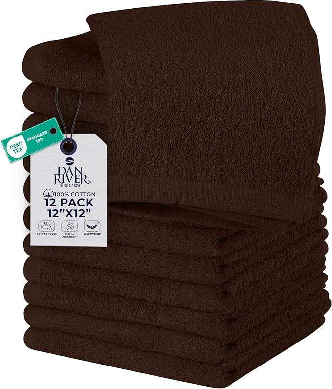DAN RIVER 12 Pack Wash Cloths for Showering [12x12] - 100% Cotton Washcloths Premium Quality Flannel Face Cloths for Bathroom, Highly Absorbent and Soft Feel Wash Clothes, Brown