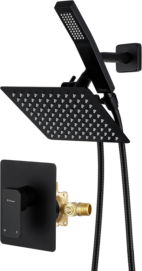 All Metal Shower Faucet Set, Dual Square Shower Head System with Handheld Wand, Diverter, Hose Complete Combo, Pressure Balance Rough-in Valve Included (Matte Black)