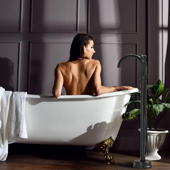Freestanding Bathtub Faucet Black & Rose Gold Tub Filler High Flow 6.65GPM@60PSI Floor Mount Tub Faucets with Vintage Hand Shower
