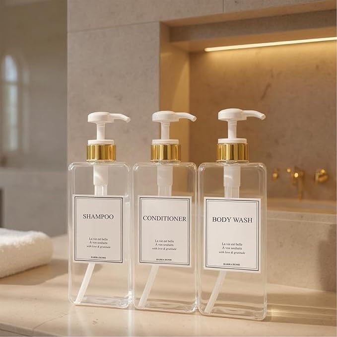 Modern Gold Design Shampoo and Conditioner Dispenser, Large 27oz Shower Soap Dispenser, Set of 3 Refillable Empty Plastic Pump Bottles for Bathroom, 6 Waterproof Labels Included, (Clear & White)