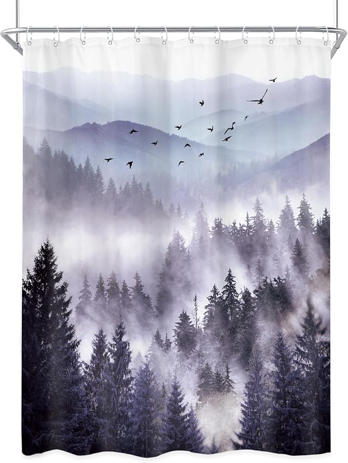 Riyidecor Purple Shower Curtain 48Wx72H Inch,Stall Narrow Rv Small Nature Mountain Woods,Rustic Landscape Scenery Pine Tree Natural Woodland Bathroom Decor Fabric Polyester Waterproof 12 Pack Hooks