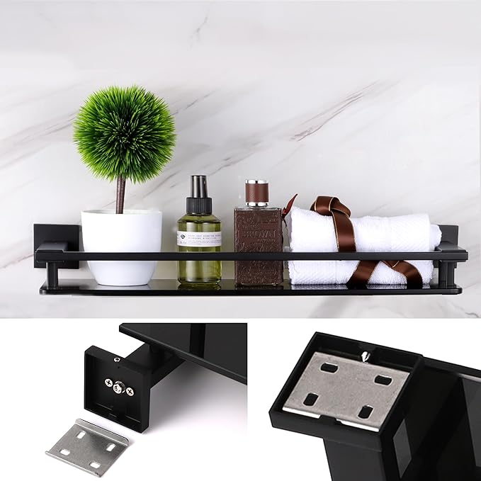 LANC Black Bathroom Shelves Glass Shelf 20-Inch Floating Tempered Glass Shelf Rectangular Modern Stainless Steel Wall Mounted Shelves for Shower Bathroom Kitchen Organizers Accessories ，A7613AB