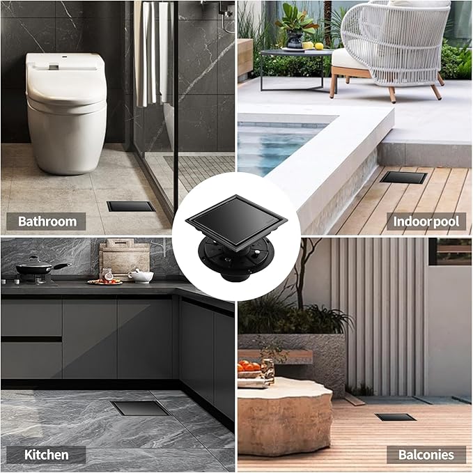 Hidden Brushed Square Shower Floor Drain, Black 6 inch, 304 Stainless Steel, with Flange, Detachable Cover Embedded in Ceramic Tiles