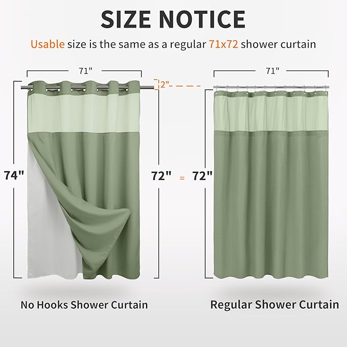 River Dream Green Heavyweight No Hooks Required Shower Curtain with Snap in Liner - Dotted Waffle Weave,Hotel Grade,Spa Like Bath Curtain,71W x 74H