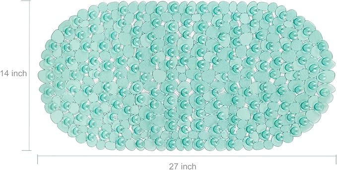 WELTRXE Pebbles Bathtub and Shower Mat Non Slip, Oval Bath Mats for Bathroom Tub Washable with Suction Cups, Drain Holes, BPA Free, 27 x 14 Inch, Dark Green