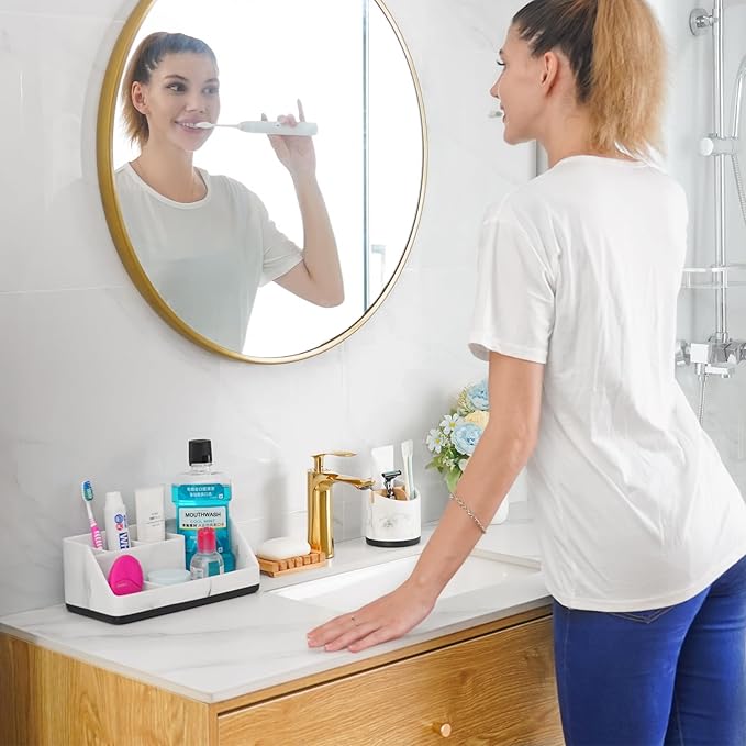 VITVITI Toothbrush Holder for Bathroom, Resin Bathroom Organizer Countertop Sink, Bathroom Counter Organizer Accessories 5 Compartment Storage for Toothpaste/Vanity, White Marble Color