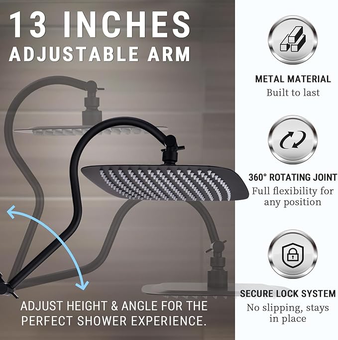 G-Promise 14 Inches Shower Faucet Sets Complete, All Metal Rainfall Shower Head and Handle Set, Extended Downward Diverter, Extension Arm and Pressure Balance Rough-in Valve Included