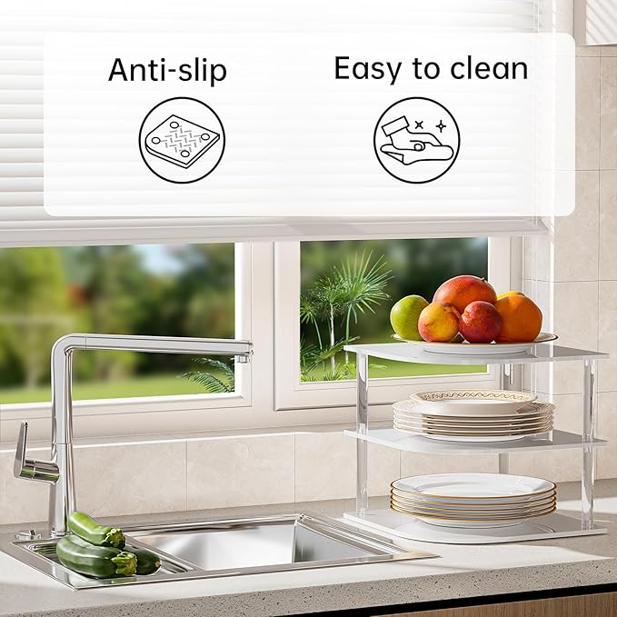 Plate Organizer for Cabinet Space Saver - Acrylic Corner Shelf for Dishes, Bowls, 3-Tier Kitchen Countertop Cabinet Organization, Dinner Plates Holder, and Small Shelf for Bathroom Storage - White