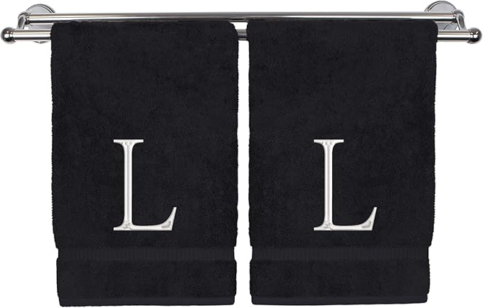Monogrammed Hand Towel, Personalized Initial Gift, Extra Absorbent 100% Turkish Cotton - Soft Terry Finish - Set of 2 - White Block Initial L - Embroidered on Black Towels