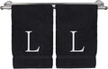 Monogrammed Hand Towel, Personalized Initial Gift, Extra Absorbent 100% Turkish Cotton - Soft Terry Finish - Set of 2 - White Block Initial L - Embroidered on Black Towels