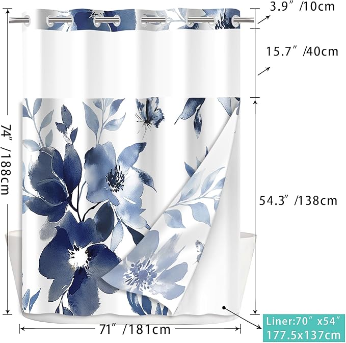 No Hook Shower Curtain with Snap in Liner for Bathroom,with See Through Top Window,Double Shower Curtain Set with Detachable Fabric Liner Replacement, Machine Washable, Blue Flower, 71"x 74"