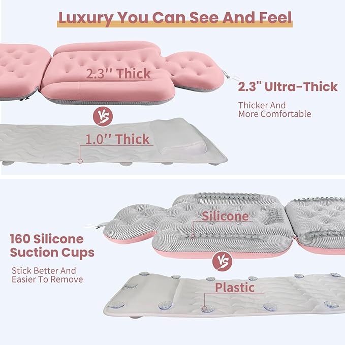 Luxury Bath Cushion, Full Body Bathtub Pillow with 160 Suction Cups, Bath Mat for Head and Neck Support, with Laundry Bag (Light Pink, 60.2" x 16.2")