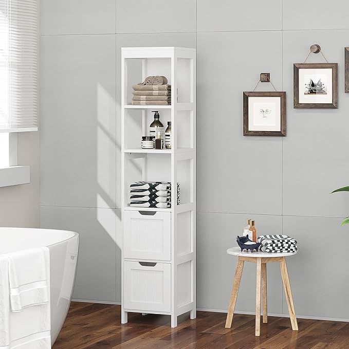 HOMEFORT Bathroom Storage Cabinet, Slim Tall Cabinet, Narrow Floor Cabinet Organizer, Wooden Linen Tower with 2 Drawers and 3 Shelves, Freestanding Cupboard White