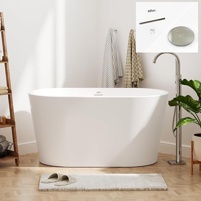 FerdY Shangri-La 47" Acrylic Freestanding Bathtub with Headrest, Small Classic Oval Shape Acrylic Soaking Bathtub with Brushed Nickel Drain & Overflow& Bath Pillow, cUPC Certified
