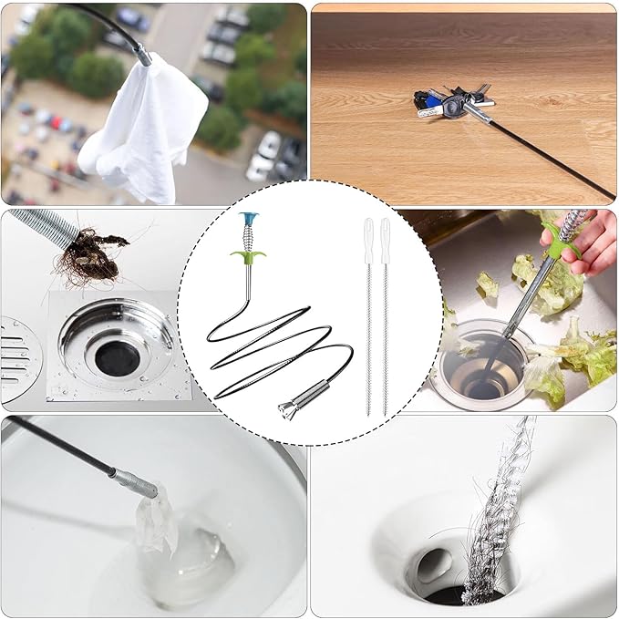35.5inch Flexible Hair Drain Clog Remover Tool(1pcs), 17.8inch Cleaning Brush(2pcs), Hair Catcher Drain Auger Cleaner Tool Set for Pipe, Toilet, Kitchen Sink, Bathroom Tub, Sewer, (2+1)