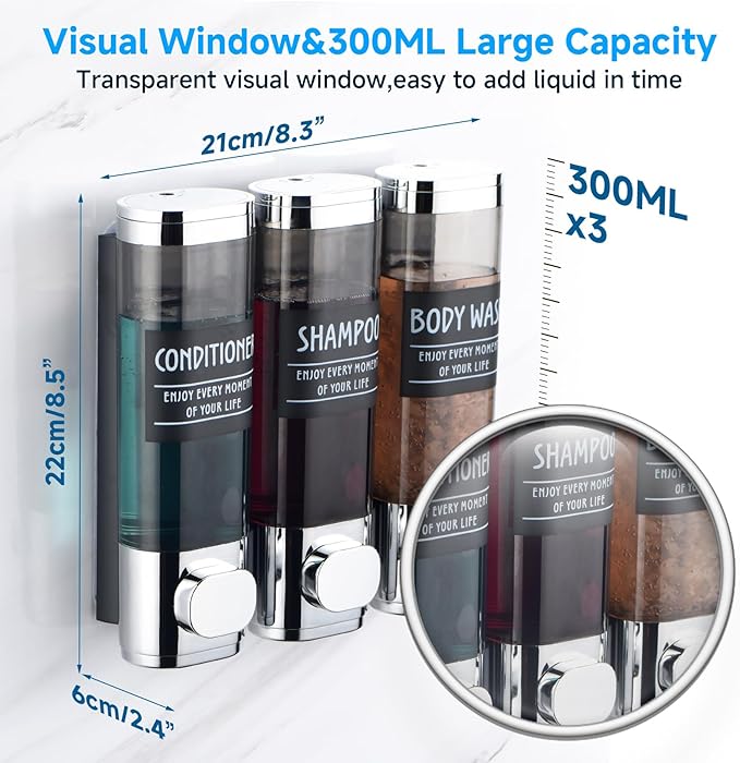 Shampoo and Conditioner Dispenser,GlintGath Shower Dispenser 3 Chamber No Drill Shampoo Dispenser for Shower Wall Mounted Shower Soap Dispenser for Bathroom Hotel,3 * 300ML,Chrome