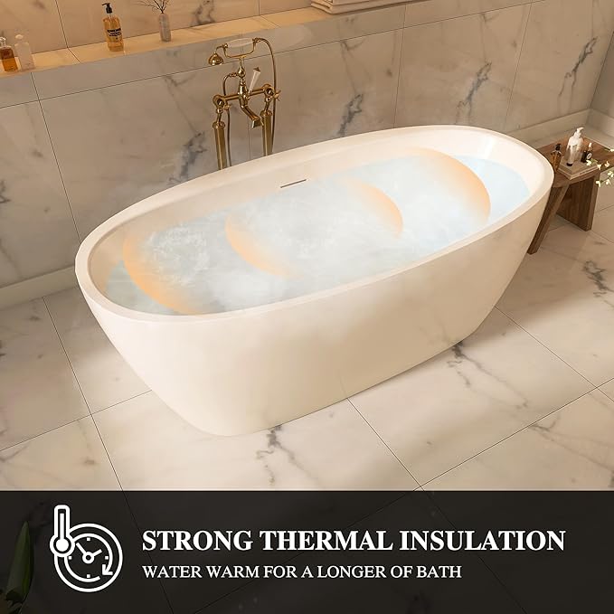 59" Acrylic Freestanding Bathtub, Tap Deck Bathtub, Stand Alone Tub, Soaking Tub with Integrated Overflow and Drain, cUPC Certified