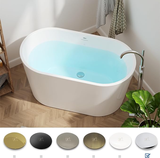FerdY Shangri-La 47" Acrylic Freestanding Bathtub, Small Classic Oval Shape Acrylic Soaking Bathtub with Chrome Drain & Minimalist Linear Design Overflow, Modern White, cUPC Certified