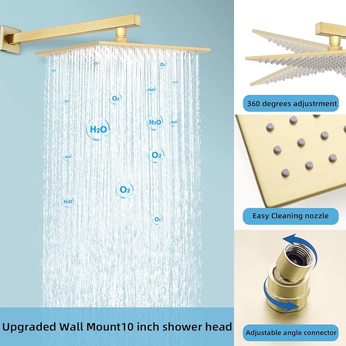 Digital Display Dual Head Shower system Rain Shower System Shower Wall Mount 10 Inch Ceiling Shower Head with 6 Inch Shower Head with shower handheld(Brushed Gold)