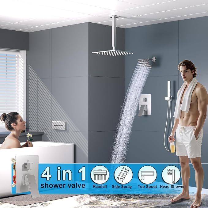 ENGA Shower System with Tub Spout, Bathtub Shower Faucet Combo Set - 10" & 6" Square Rain Shower Heads with 2 in 1 Handheld Spray, 4 Way Water Diverter, Brushed Nickel