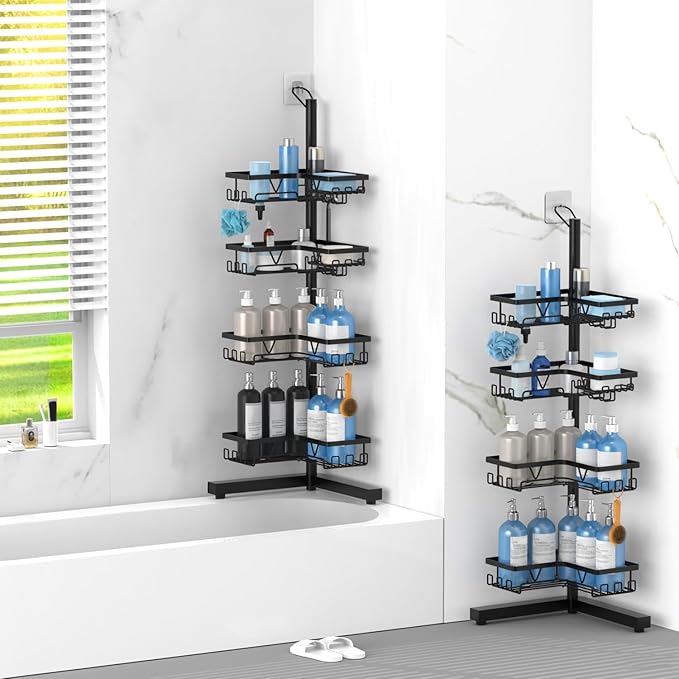 KEGII Corner Shower Caddy Standing – 4-Tier Shower Shelf Organizer with Hooks & Soap Holder, Free-Standing Bathroom Storage Rack for Shampoo & Toiletries, Black