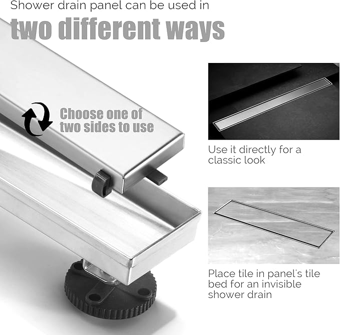 HEATGENE Linear Shower Drain 48-Inch, Stainless Steel Rectangle Shower Floor Drain with 2-in-1 Flat & Tile Insert Cover, Shower Drain with Leveling Feet & Hair Strainer, Brushed