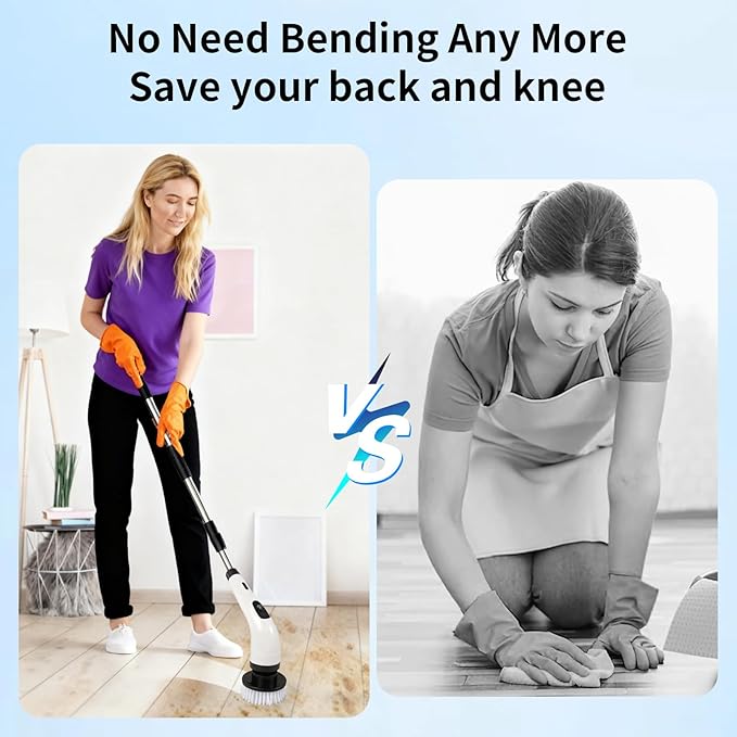 Rechargeable Electric Spin Scrubber, Waterproof Power Cleaner with 7 Brush Heads,1 Window Squeegee,2 Speeds Adjustable Long Handle for Bathroom, Floor, Shower, Tile & Kitchen Cleaning (White)