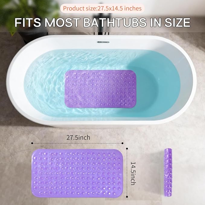 Anti-Slip Bathtub Shower mat, 27.5×14.5（Approximately 70×37cm） inch Soft Oversized Machine Washable Non-Slip Bathtub mat with Drainage Holes, Bathroom Floor Suction Cup.（1- Clear Purple）