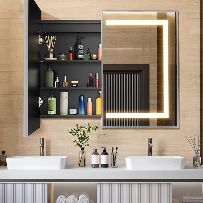 APRILSOUL 40X32 Inch Silver Bathroom Medicine Cabinet with Mirror, Recessed or Surface Lighted Medicine Cabinet with 3 Colors Temperature, Dimmable Light