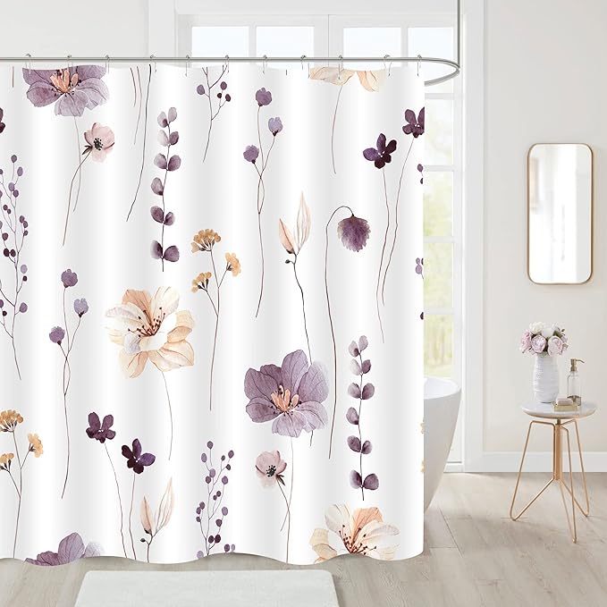 Gibelle Small Stall Shower Curtain 36 x 72, Narrow Half Watercolor Floral Fabric Shower Curtain, Plum Beige Flower Decorative Bathroom Shower Curtain Set