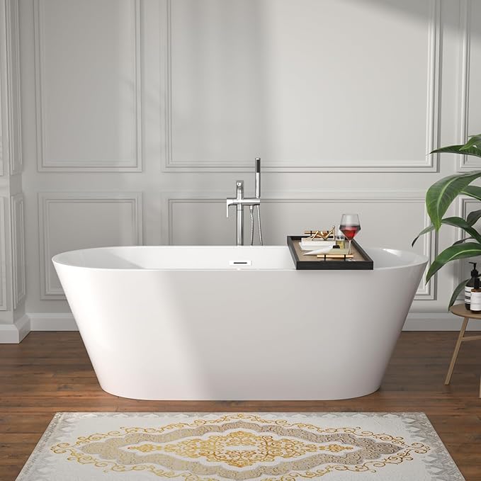 63 Inch Freestanding Bathtub White Acrylic Roll Top Soaking Tub with Chrome Drain Spacious Tub for Modern Homes, YSB9221