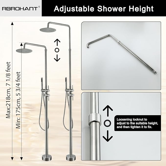 RBROHANT Freestanding Outdoor Shower Nickel, Height Adjustable Outside Showers for Backyard Garden Pool Beach, Outdoor Shower Fixtures with 10” Rain Shower Head and Handheld, Brushed Nickel, JK0317