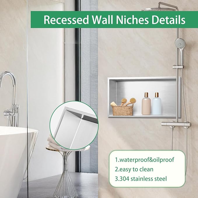 SaniteModar Shower Niche, Stainless Steel Shower Niche 12" X 24" No Tile Needed, Recessed for Bathroom Storage, Brushed Silver (Brushed Silver, 12x24)