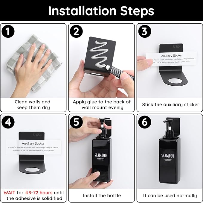 Segbeauty Stainless Adhesive Bottle Holder, 3Pcs Bathroom Bottle Dispenser Holder, Dia 1.1in 2.8cm Lotion Bottle Wall Mount, Rustproof Shampoo Bottle Holder Wall Hanging Rack for Kitchen Toilet Black