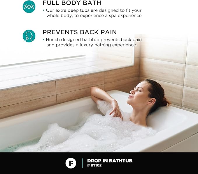 Fine Fixtures Drop In White Soaking Bathtub, Fiberglass Acrylic Material, 60"L x 32"W x 19"H