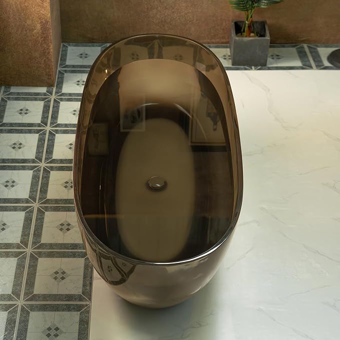 WOODBRIDGE 63" L x 28-3/8" W Transparent Gray Stone Resin Freestanding Soaking Tub with Double Ended Design