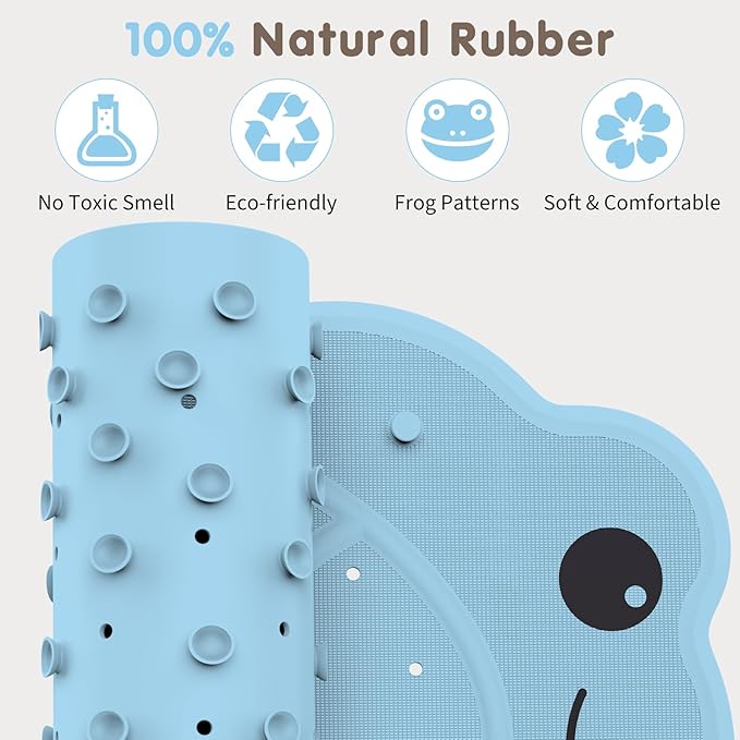 Bathtub Mat Non Slip, Kids Bath Mat 30"x 18", Bath Mat for Tub Non Slip with Strong Suction and Textured Surface, Natural Rubber Latex Free PVC Free Safe for Baby, Frog Pattern, Blue