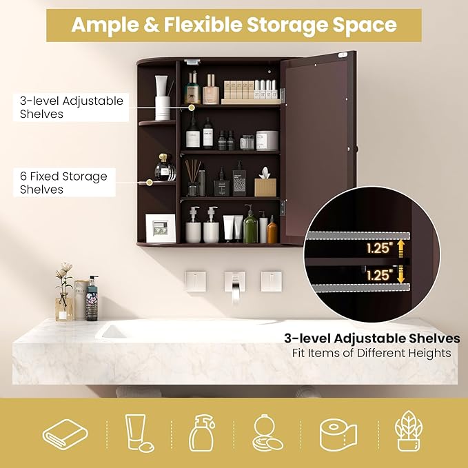 RELAX4LIFE Bathroom Wall Cabinet with Mirror - Medicine Cabinet w/Door, 6 Open Shelves & Adjustable Shelves, Over The Toilet Storage Cabinet Organizer, Mirrored Bathroom Cabinet Wall Mount (Brown)