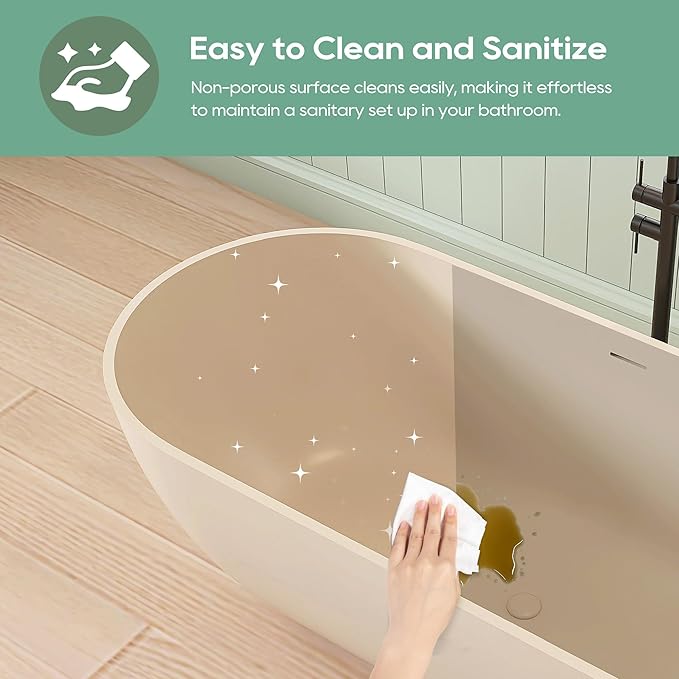 SJ STAR&JANE 69" Solid Surface Freestanding Bathtub,Milk Coffee Stone Resin Soaking Tub, Modern Stand Alone Tub for Bathroom, Integrated with Overflow & Pop-up Drain