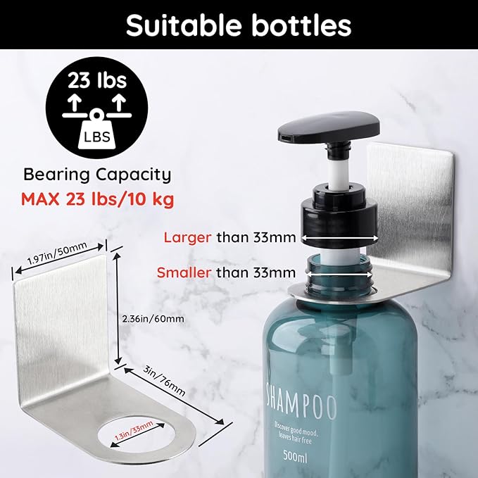 Segbeauty 3 Pcs Stainless Soap Bottle Dispenser Holder,Dia 1.3in 3.3cm Drill-Free Dispenser Holder Wall Mounted Rack, Sliver Adhesive Wall Mount Bottle Holder for Shower Gel Bathroom Toilet Kitchen