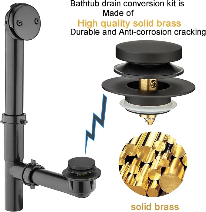 (1 Pack) Yariwiz 1-1/2" Matte Black Bathtub Tub Drain Kit Bath Waste Overflow Drain Tube Assembly with Bathtub Fast Installing Pop Up Plug and Overflow Faceplate Matte Black