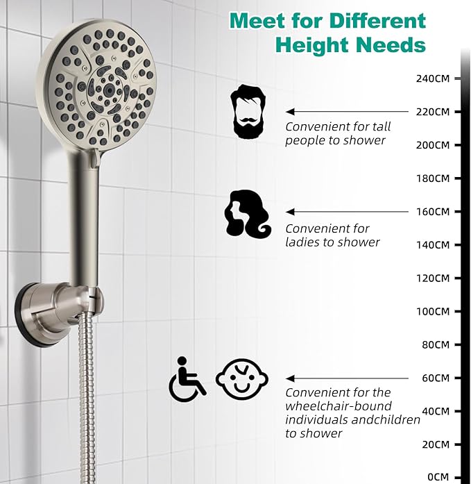 Hibbent Vacuum Suction Cup Shower Head Holder, Removable Shower Head Bracket, Height Adjustable Wall Mount ABS Plastic Suction Holder for Handheld Showerhead, Brushed Nickel