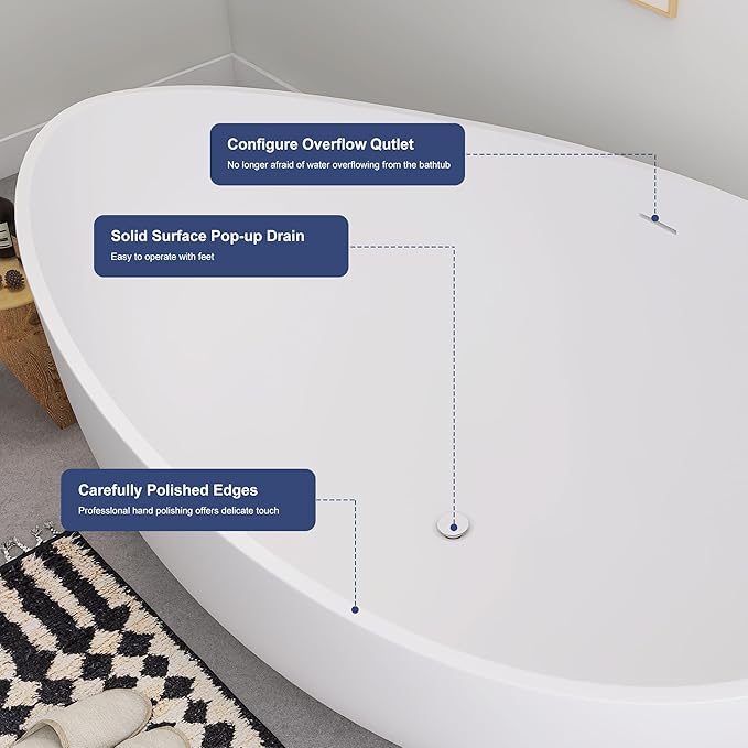 SJ STAR&JANE 71" Solid Surface Freestanding Bathtub, Oval Soaking Stone Resin Tub Couple Tub with Overflow and Pop-up Drain for Modern Bathrooms