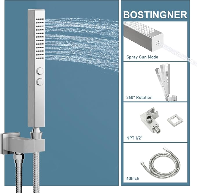 Shower Faucets Sets Shower System with Body Jets, Bostingner 10" Rain Shower Head with 2 In 1 Handheld Spray and 4 Jets, Wall Mounted All Metal 3 Way Shower Set with Valve and Trim Kit,Brushed Nickel