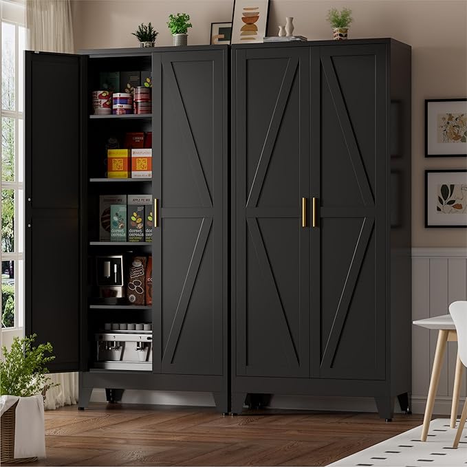 Metal Kitchen Pantry Cabinet,71" Black Farmhouse Storage Cabinet with 2 Vintage Barn Doors and 4 Adjustable Shelves, Rustic Freestanding Cupboard for Kitchen,Home Office Living Room,Dining Room