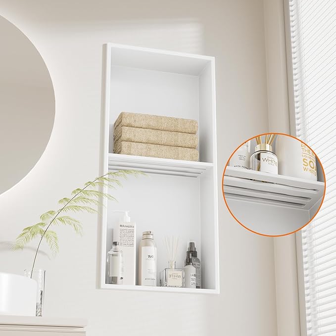No Tile Needed Shower Niche - 304 Stainless Steel Recessed Bathroom Shelf, 2-Tier Waterproof Organizer (White, 24 Inches X 12 Inches, 2)