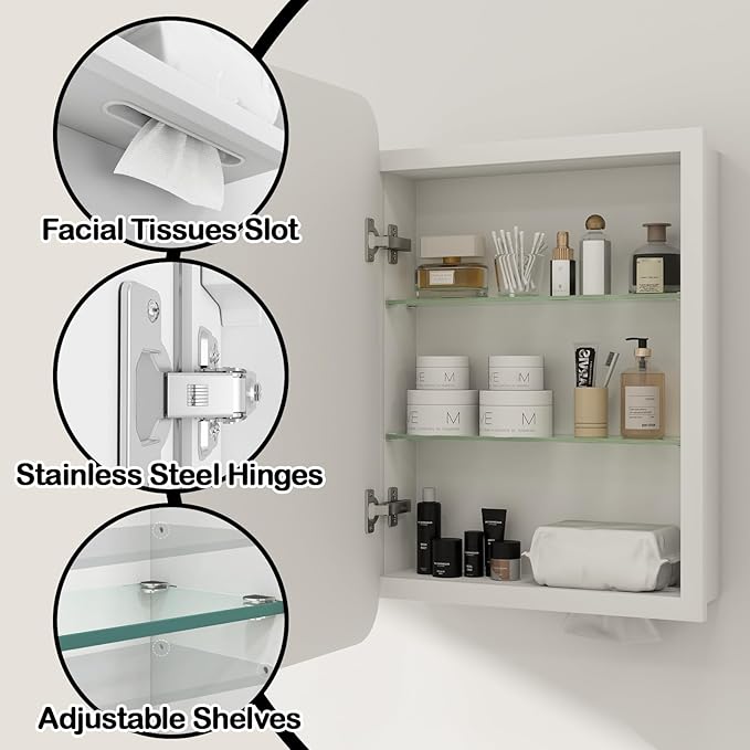Rectangle Medicine Cabinet with Beveled Edge Mirror, No-Assembly Bathroom Wall Cabinet with Mirror, Adjustable Shelves, Tissue Slot, Recessed or Surface Mount (30" H x 20" W)
